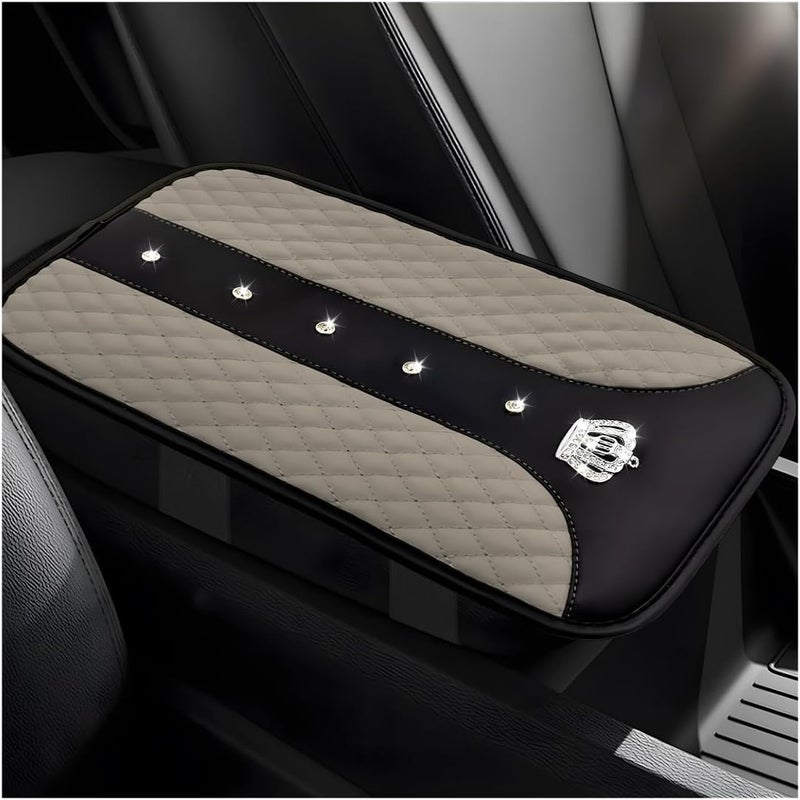 Yourkar Bling Crown Car Center Console Mats, Anti-Slip and Waterproof Crystal Car Armrest Pad Protector, Universal Rustproof Armrest Decor Cushion for Cars & SUVs, Car Accessories (Gray) - Image 1